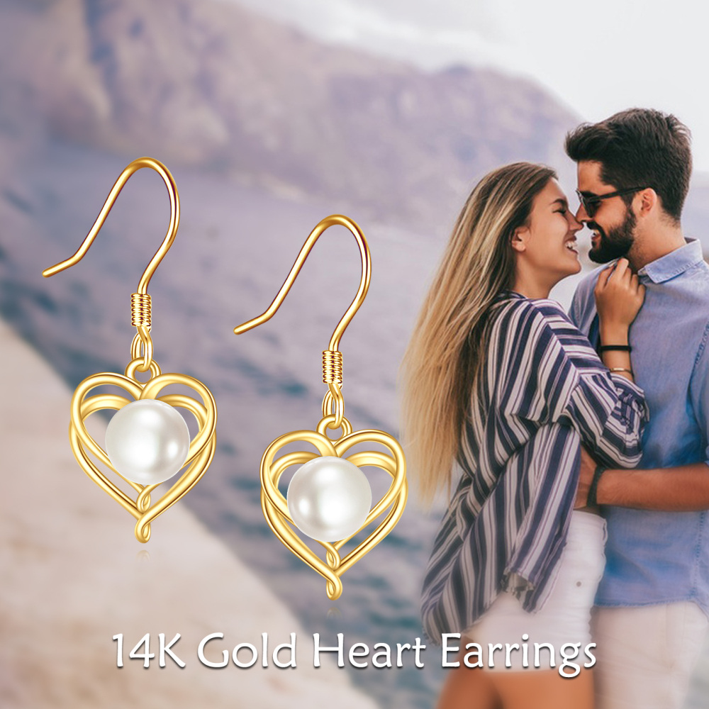 10K Gold Circular Shaped Pearl Heart Drop Earrings-6