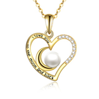 10K Gold Circular Shaped Pearl Heart & Moon Pendant Necklace with Engraved Word-48