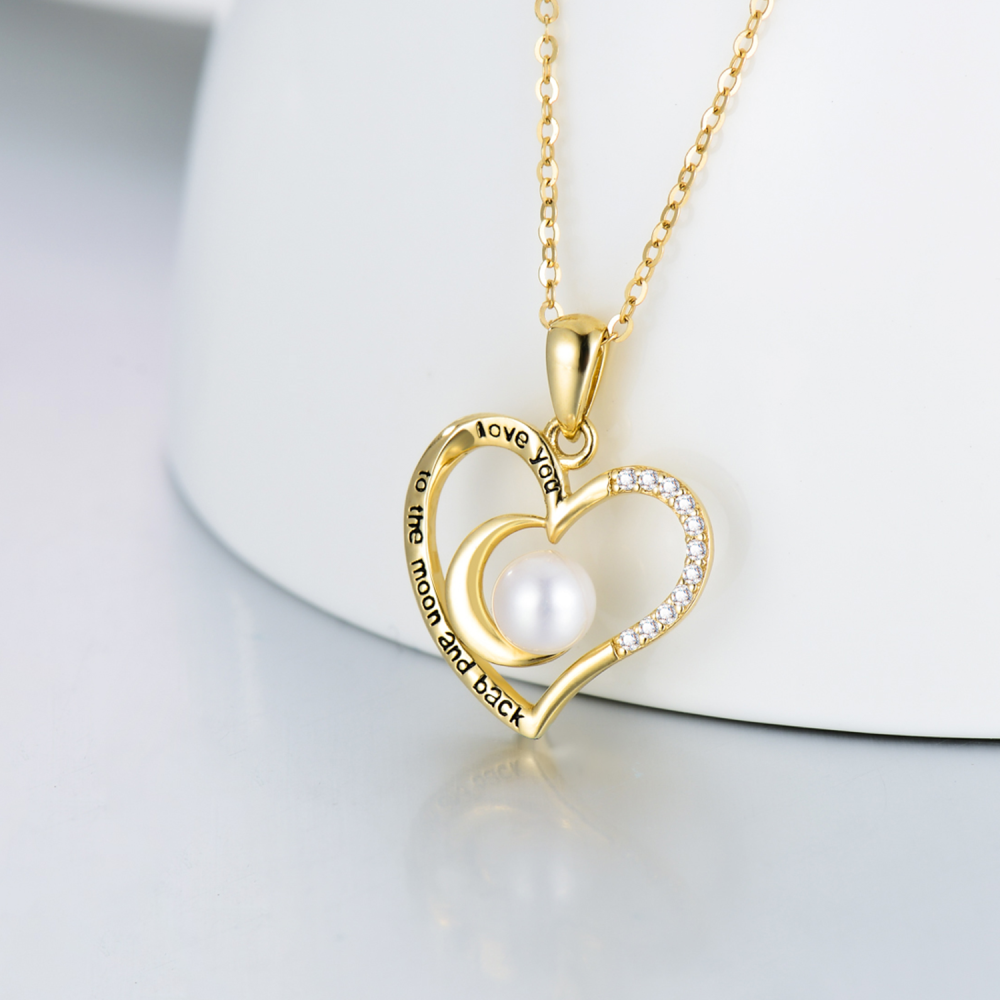 10K Gold Circular Shaped Pearl Heart & Moon Pendant Necklace with Engraved Word-3