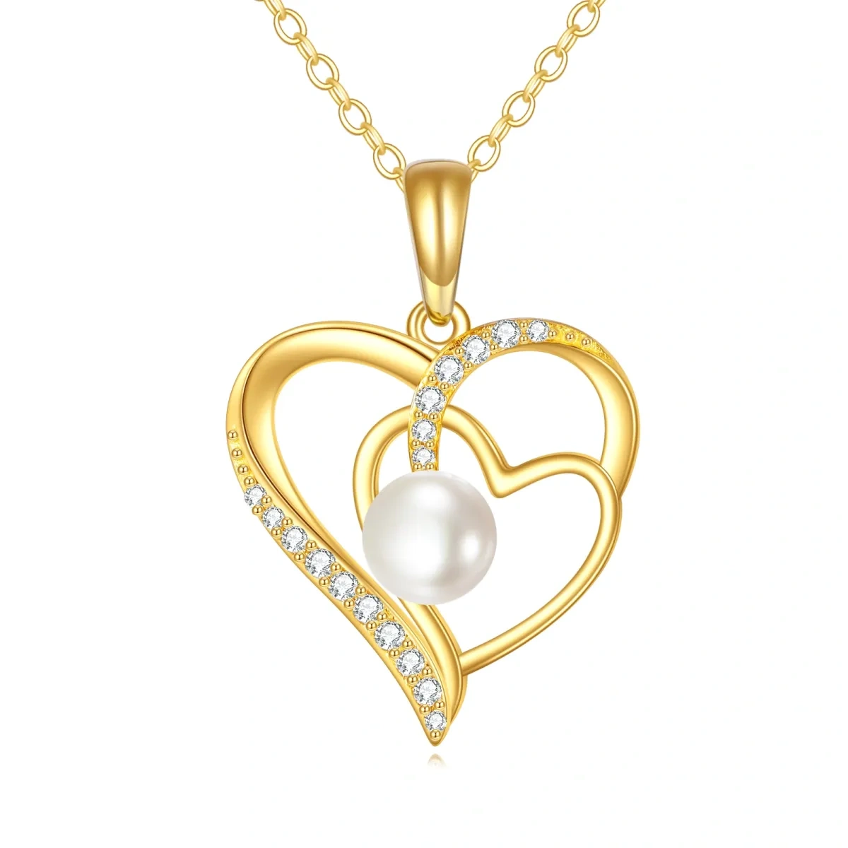 10K Gold Circular Pearl Heart Pendant Necklace For Women Best Friends-1