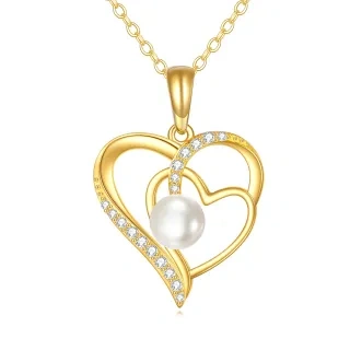 10K Gold Circular Pearl Heart Pendant Necklace For Women Best Friends-17