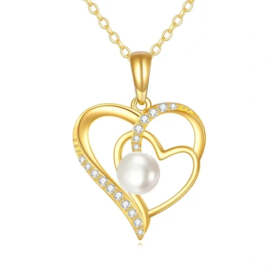 Collana con ciondolo a forma di cuore e perla in oro 14K con zirconia cubica a forma circolare