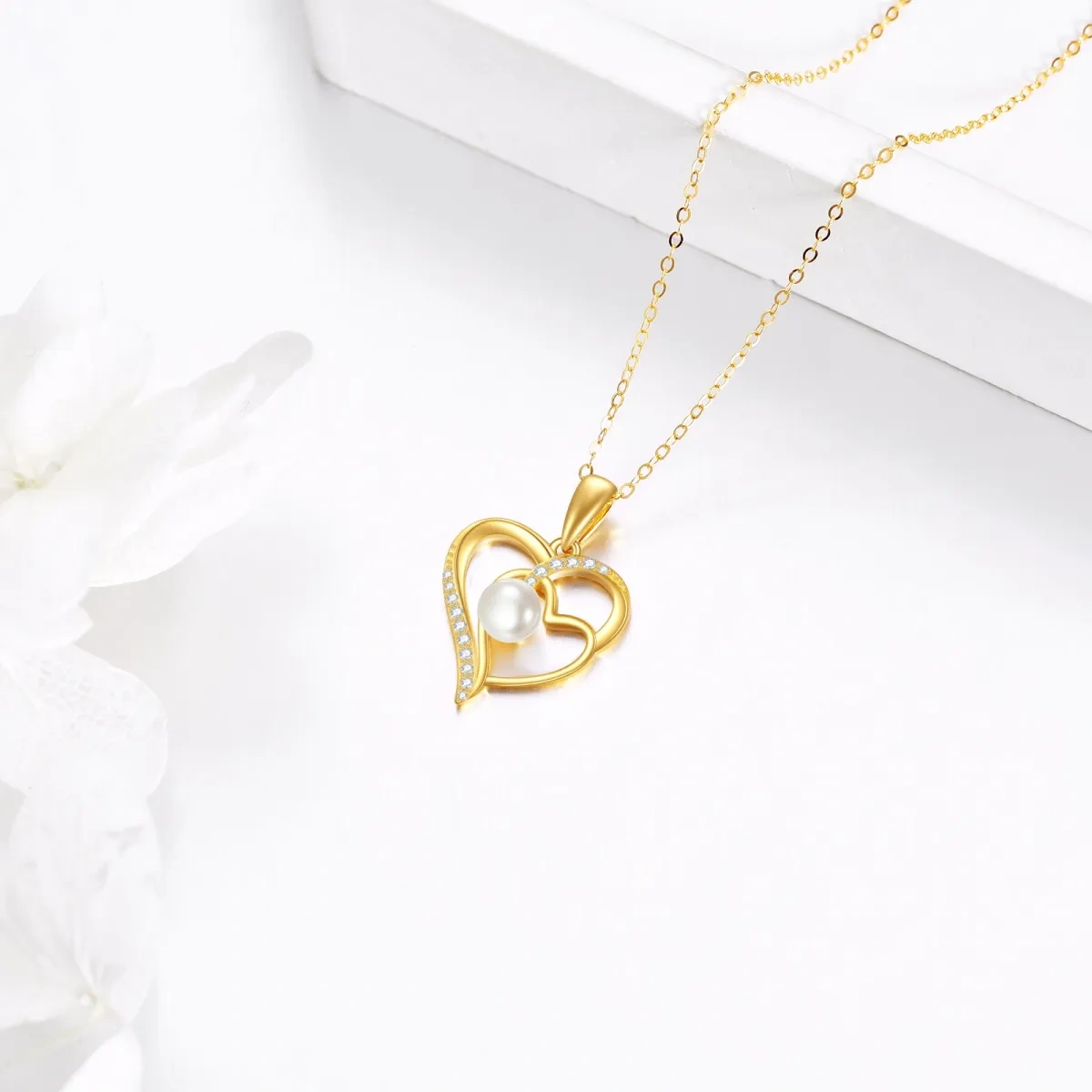 14K Gold Circular Pearl Heart Pendant Necklace For Women Best Friends-3