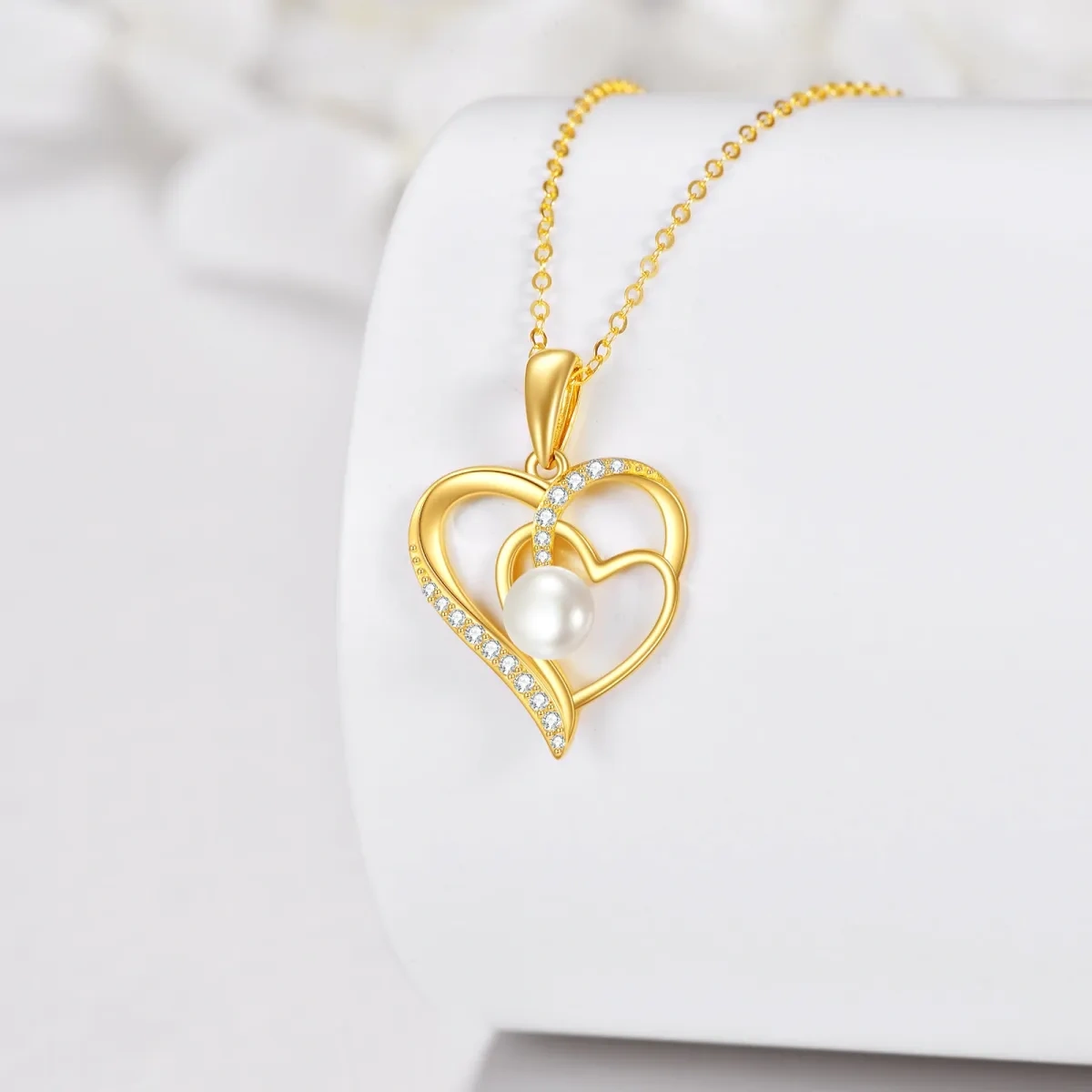 14K Gold Circular Pearl Heart Pendant Necklace For Women Best Friends-4