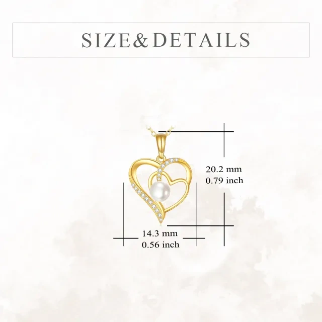 14K Gold Circular Shaped Cubic Zirconia & Pearl Heart With Heart Pendant Necklace-5