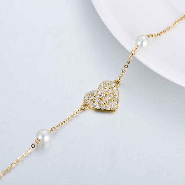 10K Gold Circular Shaped Pearl Heart Single Layer Anklet-3