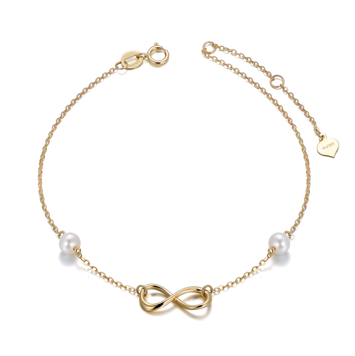 Pulseira com pingente de símbolo infinito de pérola em formato circular em ouro 14K-1