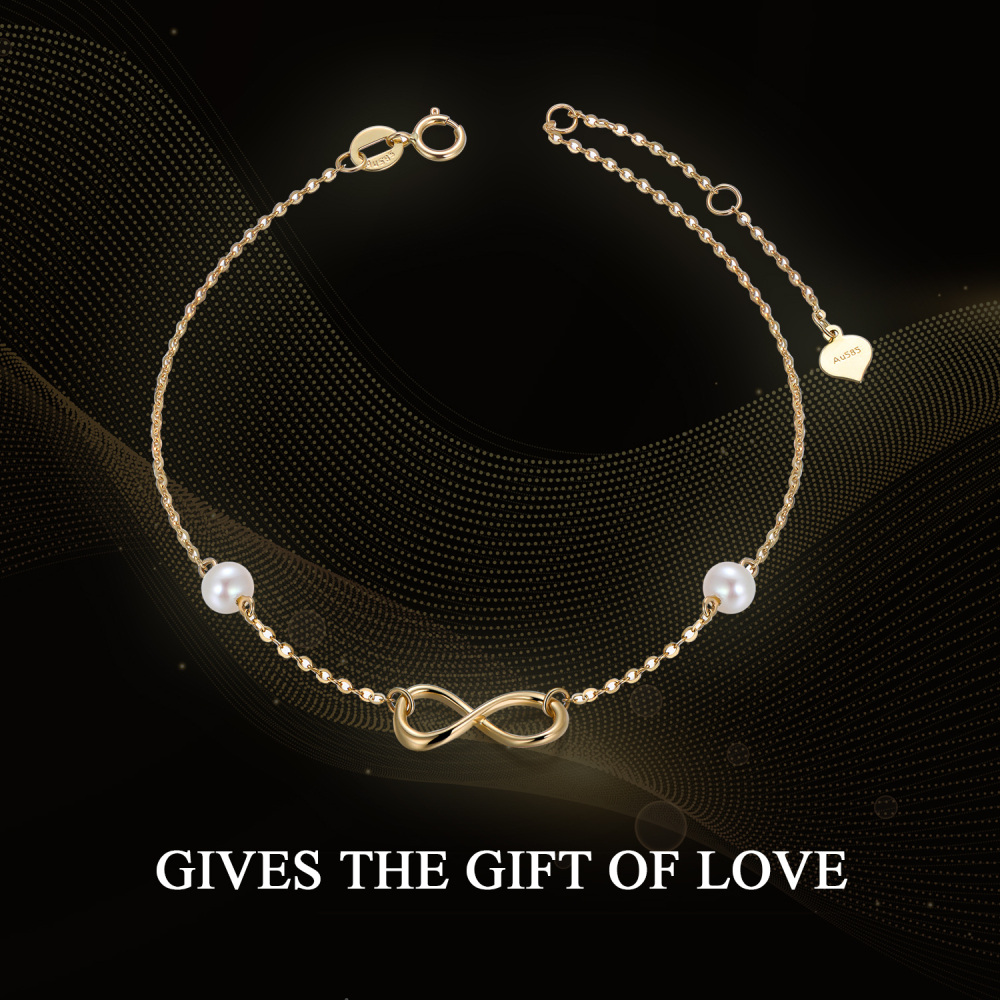 18K Gold Circular Shaped Pearl Infinite Symbol Charm Bracelet-3