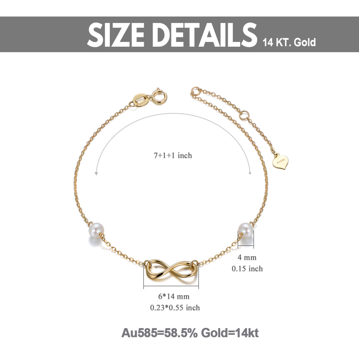 Pulseira com pingente de símbolo infinito de pérola em formato circular em ouro 14K-6