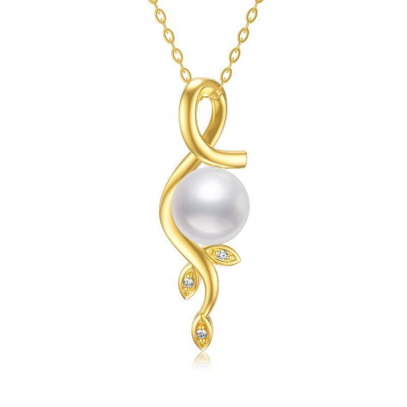 10K Gold Circular Shaped Pearl Leaves Pendant Necklace-1