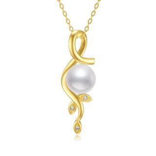 10K Gold Circular Shaped Pearl Leaves Pendant Necklace-46