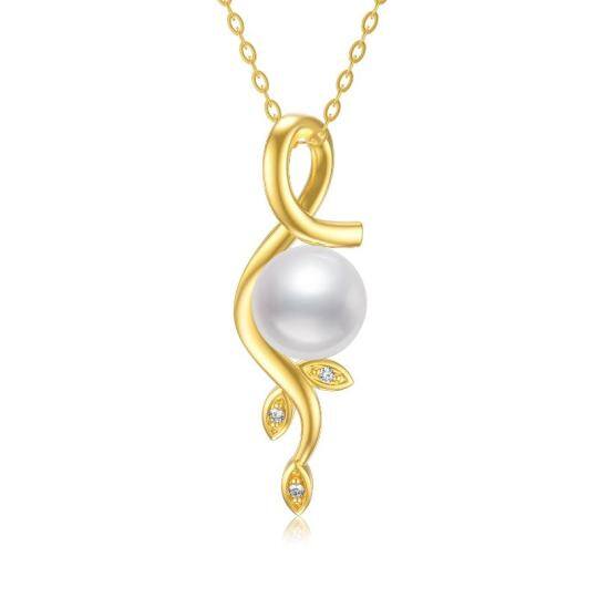 14K Gold Circular Shaped Pearl Leaves Pendant Necklace