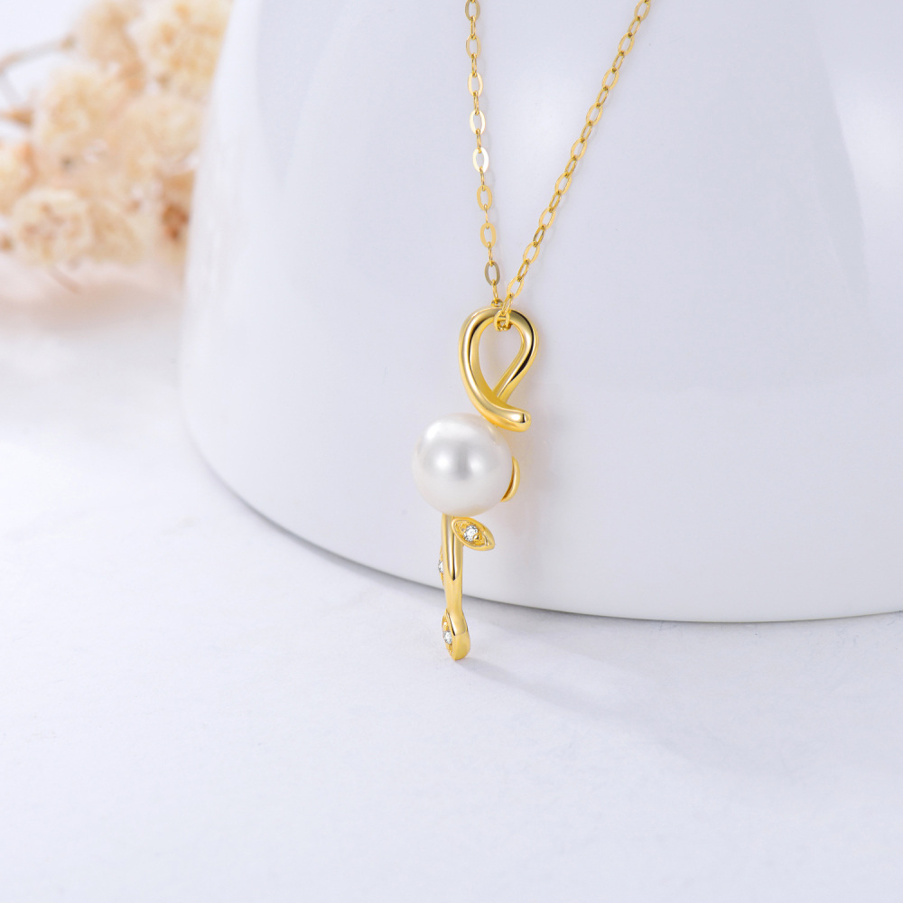 10K Gold Circular Shaped Pearl Leaves Pendant Necklace-3