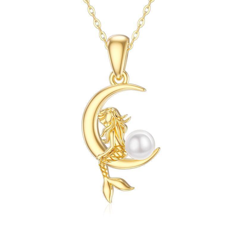 10K Gold Circular Shaped Pearl Mermaid & Moon Pendant Necklace-1