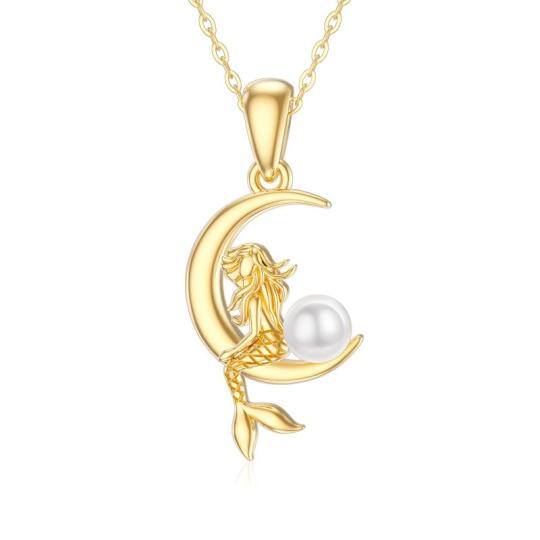 10K Gold Circular Shaped Pearl Mermaid & Moon Pendant Necklace