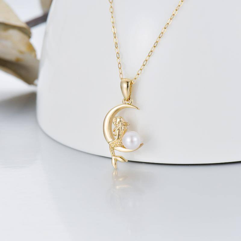 10K Gold Circular Shaped Pearl Mermaid & Moon Pendant Necklace-3