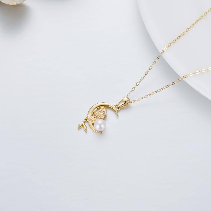 10K Gold Circular Shaped Pearl Mermaid & Moon Pendant Necklace-4