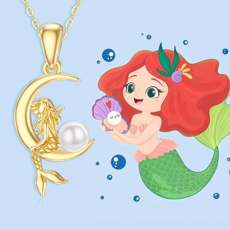 10K Gold Circular Shaped Pearl Mermaid & Moon Pendant Necklace-5