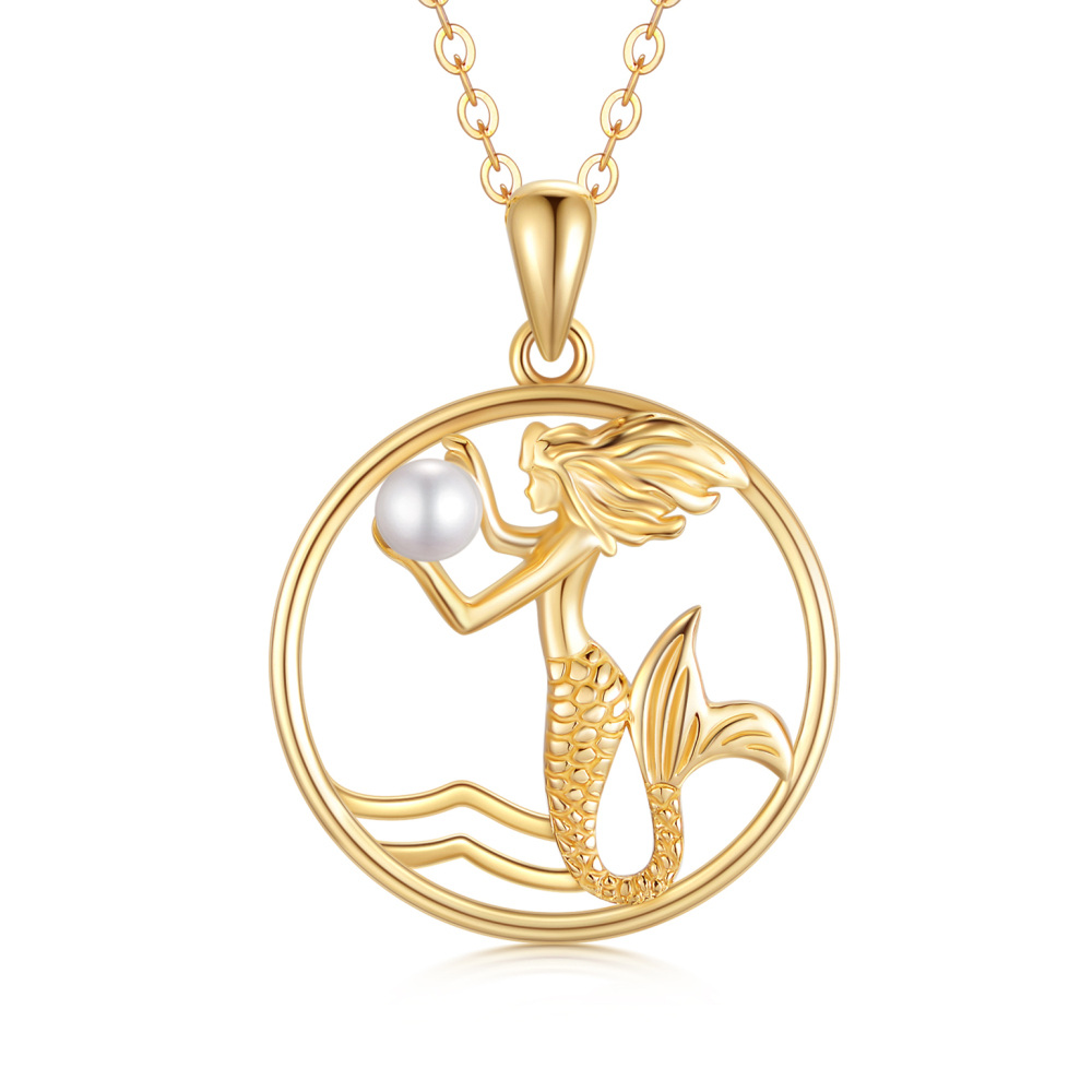 10K Gold Circular Shaped Pearl Mermaid Pendant Necklace-1