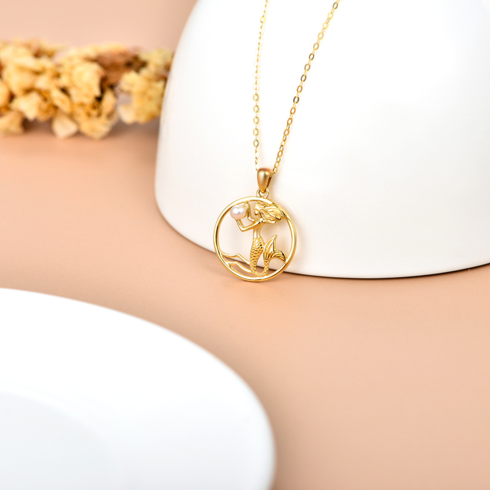 10K Gold Circular Shaped Pearl Mermaid Pendant Necklace-3