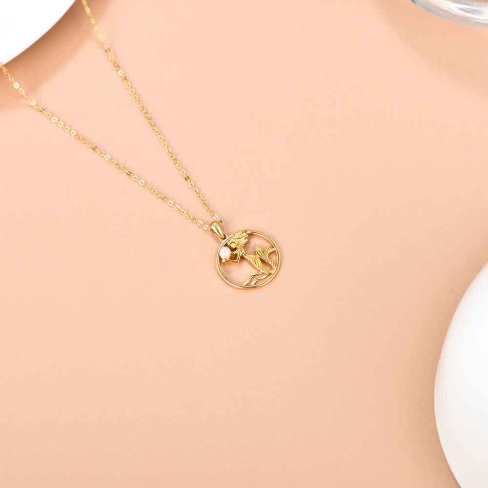 10K Gold Circular Shaped Pearl Mermaid Pendant Necklace-4