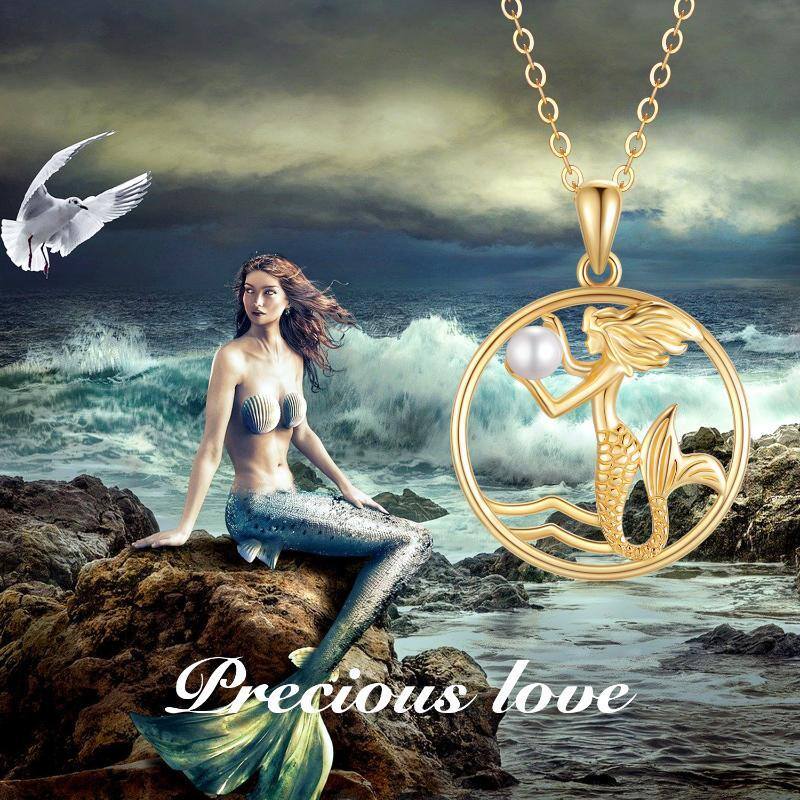 10K Gold Circular Shaped Pearl Mermaid Pendant Necklace-6