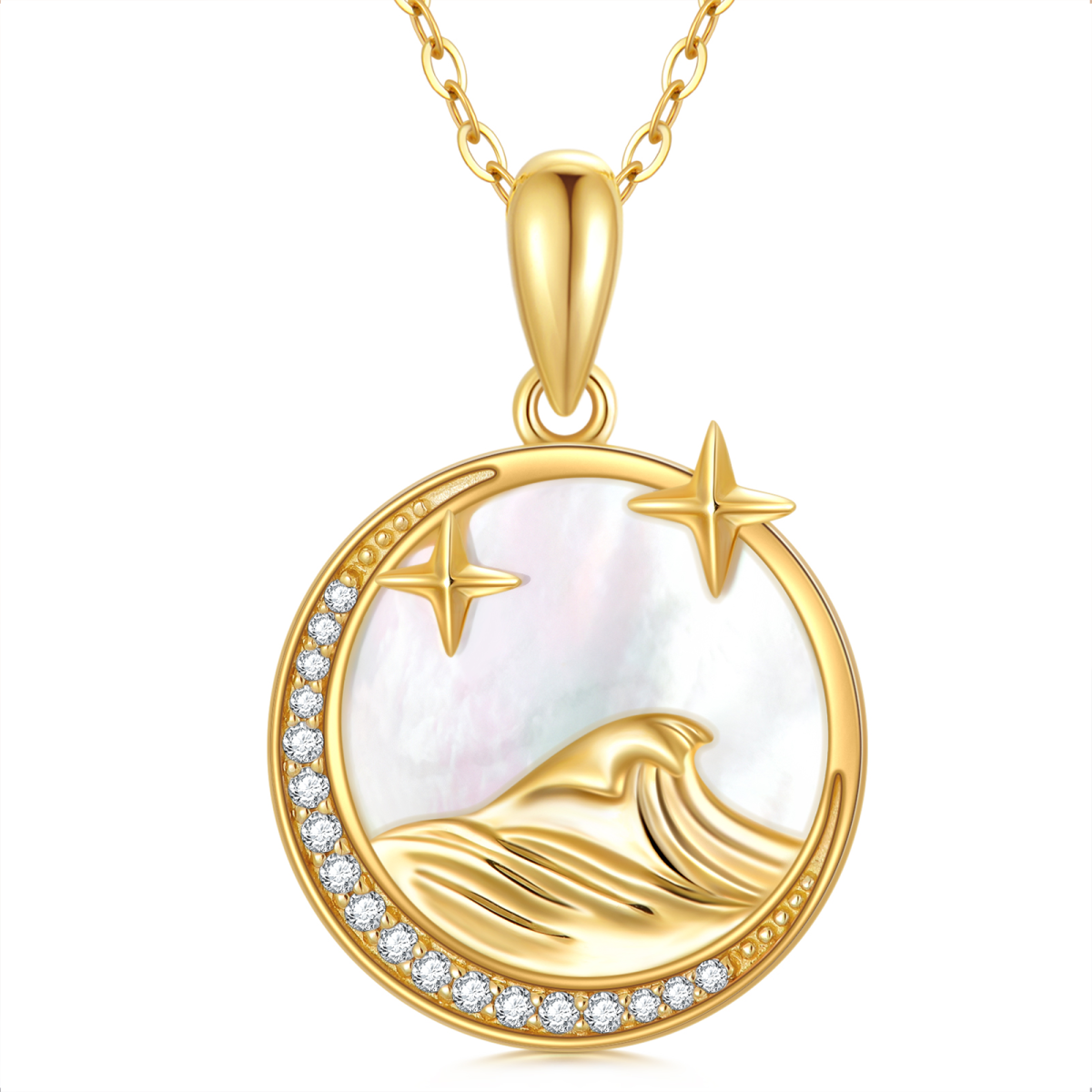 14K Gold Circular Shaped Pearl Moon & Spray Pendant Necklace-1