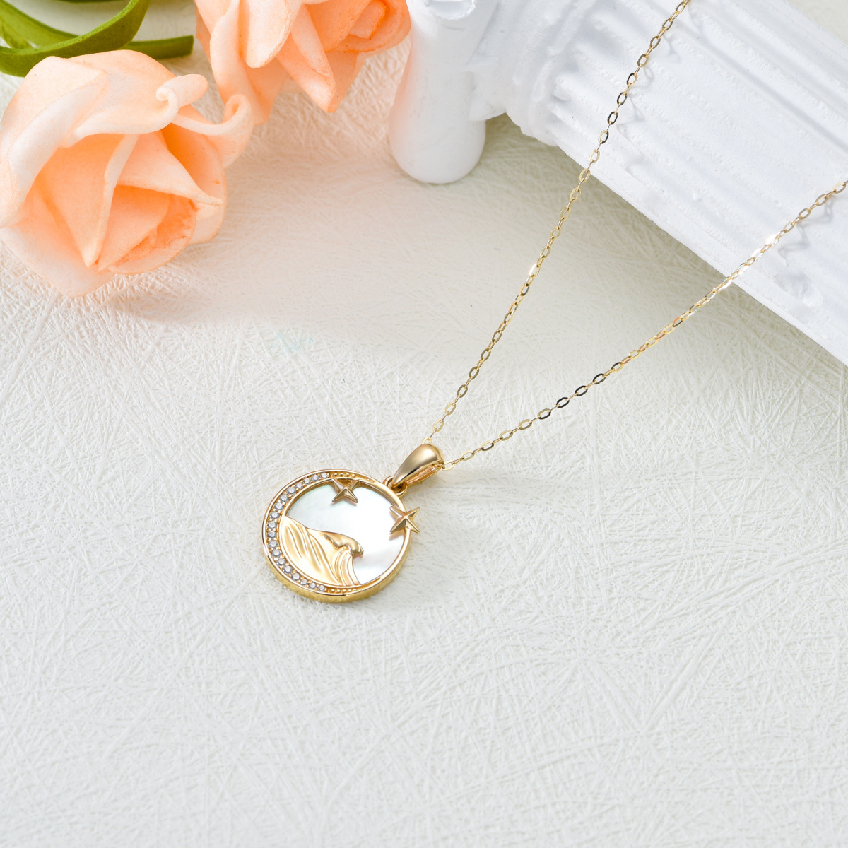 14K Gold Circular Shaped Pearl Moon & Spray Pendant Necklace-4