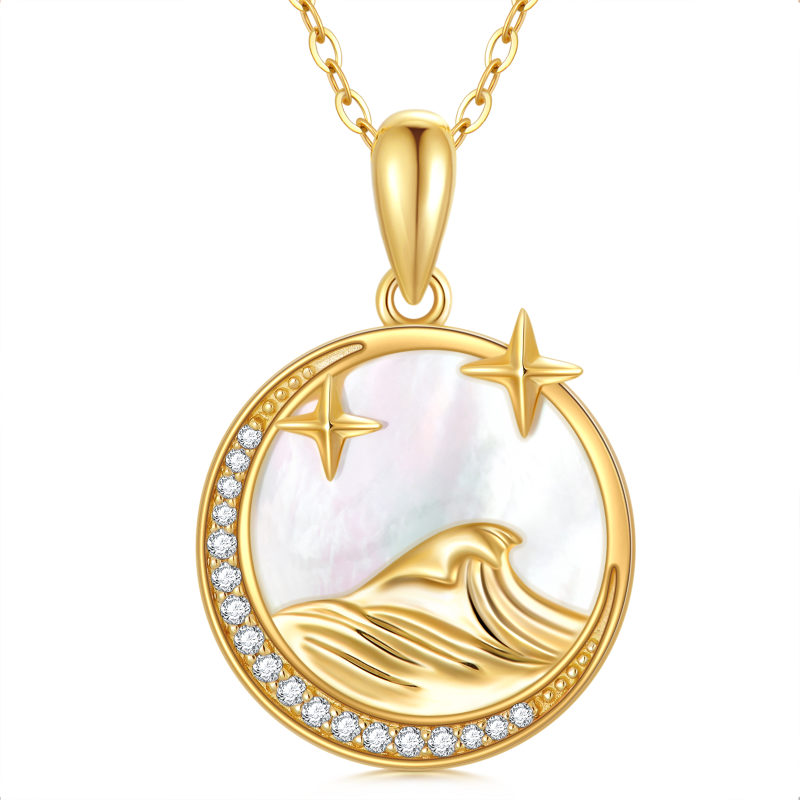 10K Gold Circular Shaped Pearl Moon & Spray Pendant Necklace-5