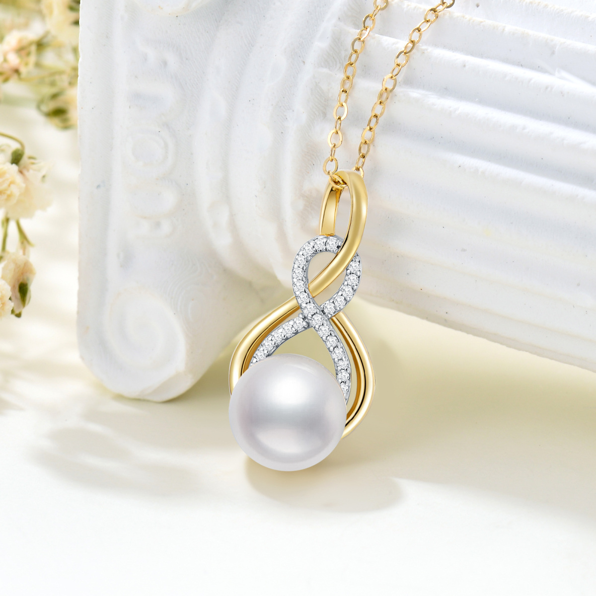 14K Gold Circular Shaped Pearl Mother Pendant Necklace-3