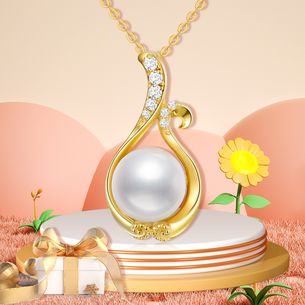 14K Gold Circular Shaped Pearl Pendant Necklace-3