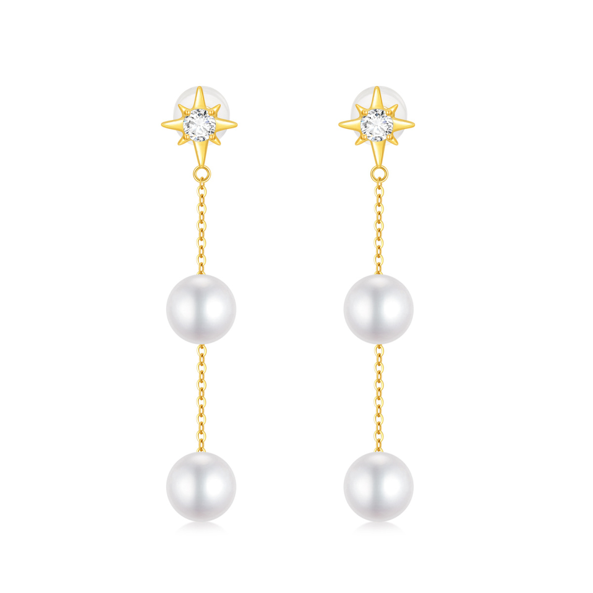 10K Gold Circular Shaped Cubic Zirconia & Pearl Pentagram Drop Earrings-1