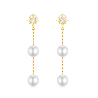 10K Gold Circular Shaped Cubic Zirconia & Pearl Pentagram Drop Earrings-7