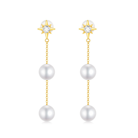 10K Gold Circular Shaped Cubic Zirconia & Pearl Pentagram Drop Earrings