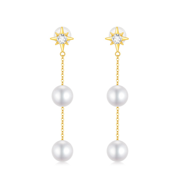 14K Gold Circular Shaped Cubic Zirconia & Pearl Pentagram Drop Earrings-1