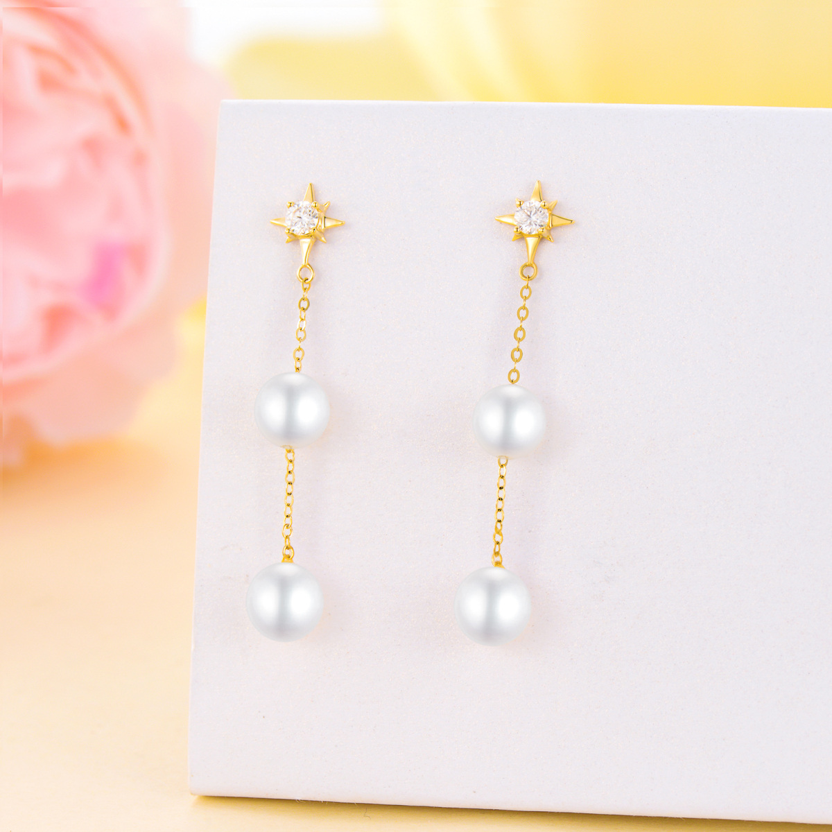 10K Gold Circular Shaped Cubic Zirconia & Pearl Pentagram Drop Earrings-3