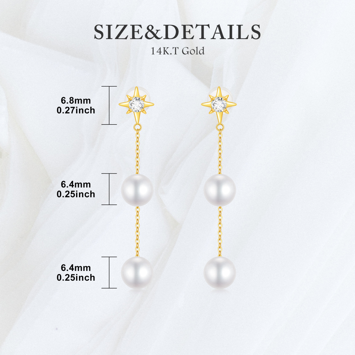 Boucles d'oreilles pendantes pentagramme en or 14K avec zircon cubique et perle-5