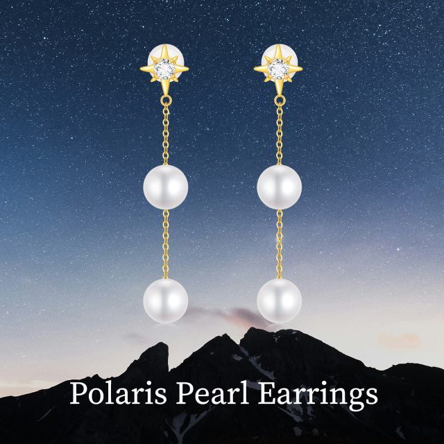 14K Gold Circular Shaped Cubic Zirconia & Pearl Pentagram Drop Earrings-6