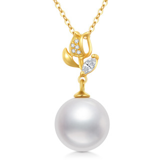 10K Gold Circular Shaped Pearl Rose Pendant Necklace-37