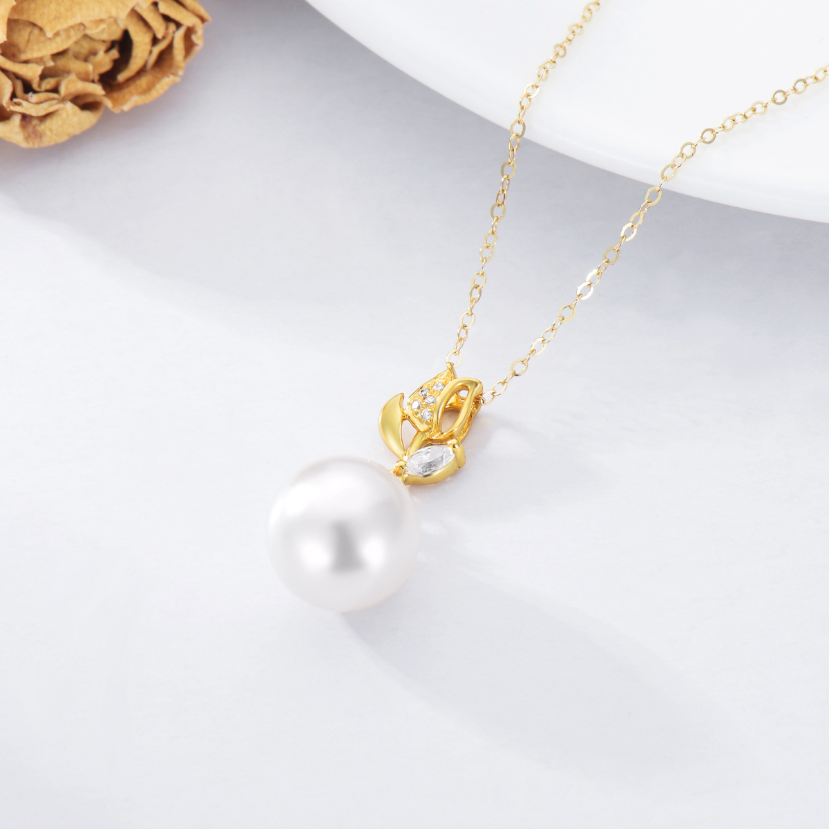 10K Gold Circular Shaped Pearl Rose Pendant Necklace-3