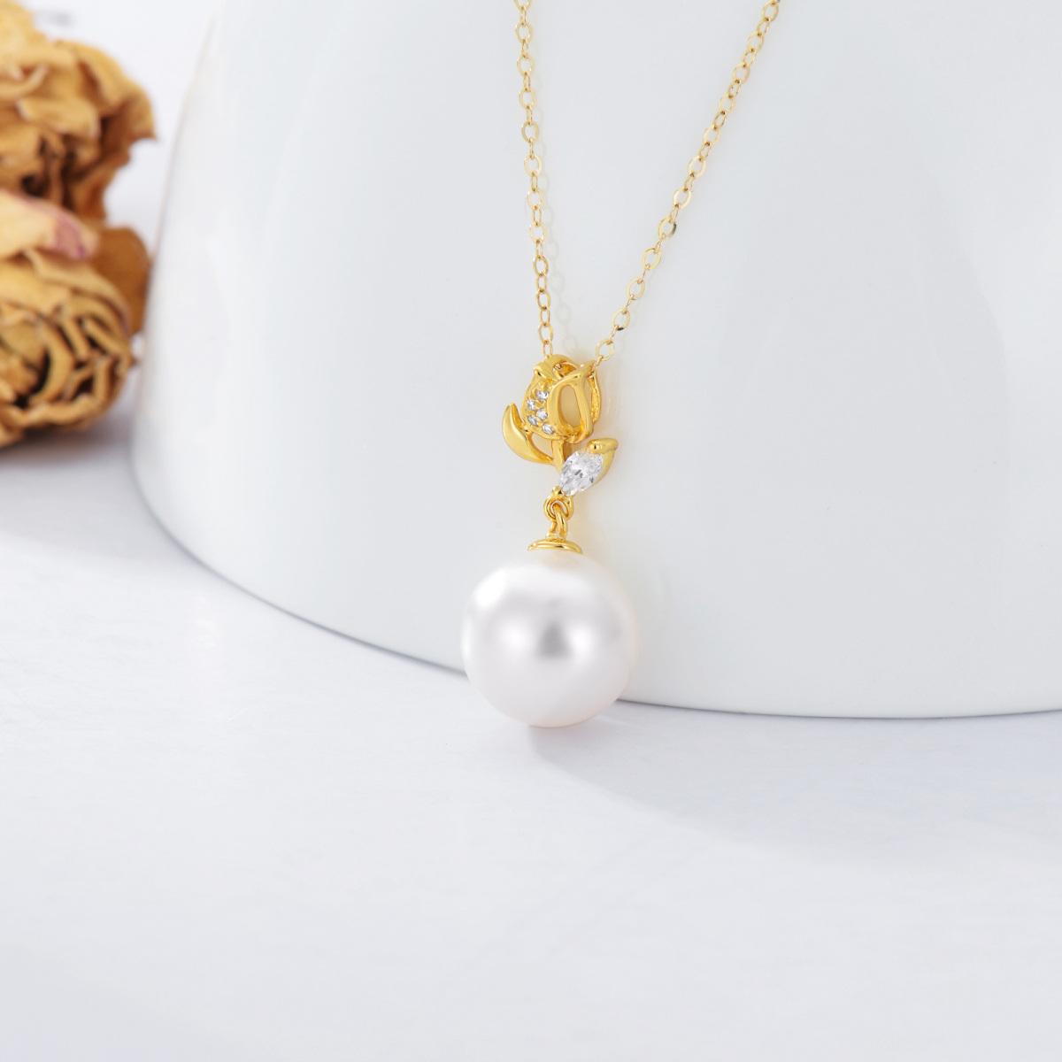 10K Gold Circular Shaped Pearl Rose Pendant Necklace-4