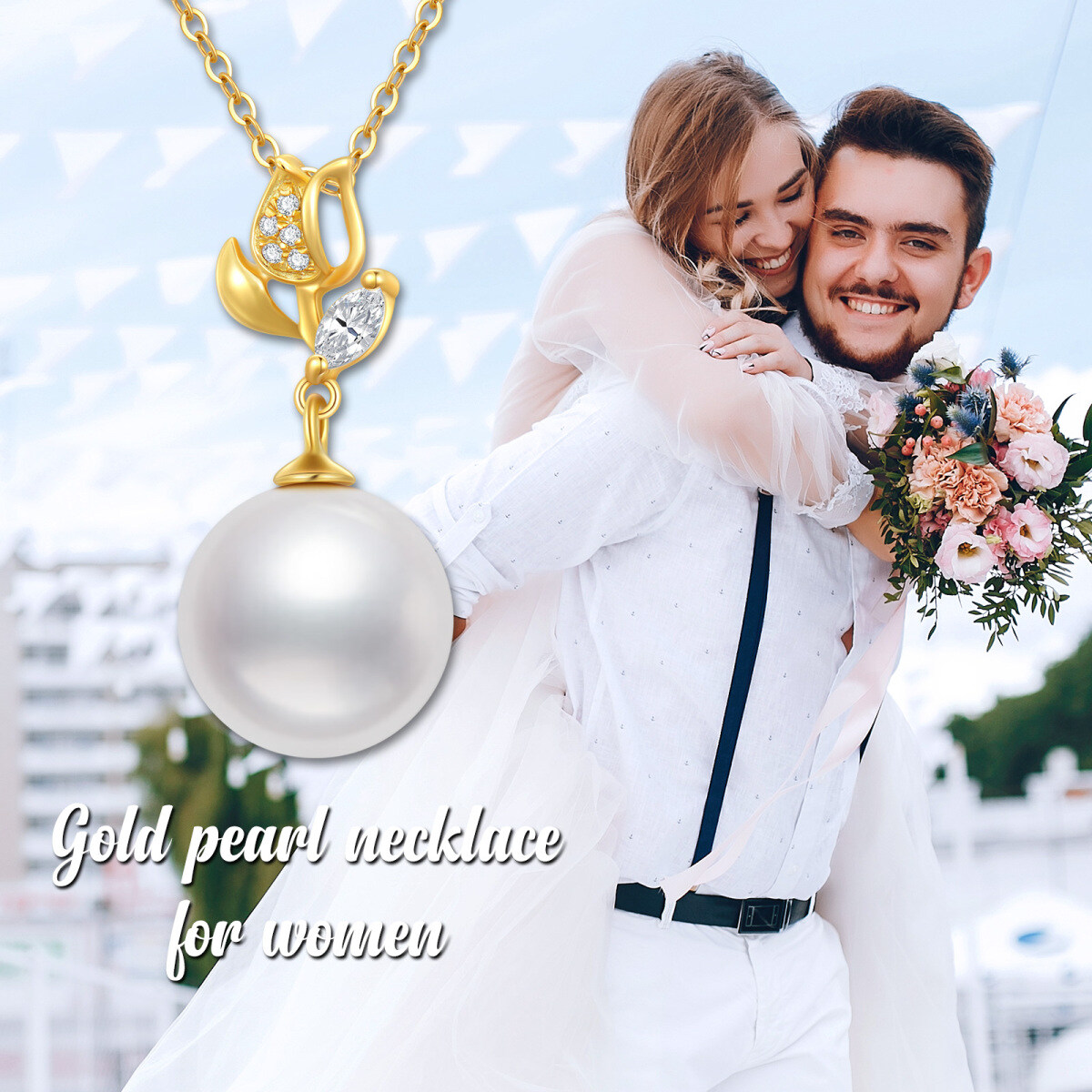 10K Gold Circular Shaped Pearl Rose Pendant Necklace-5