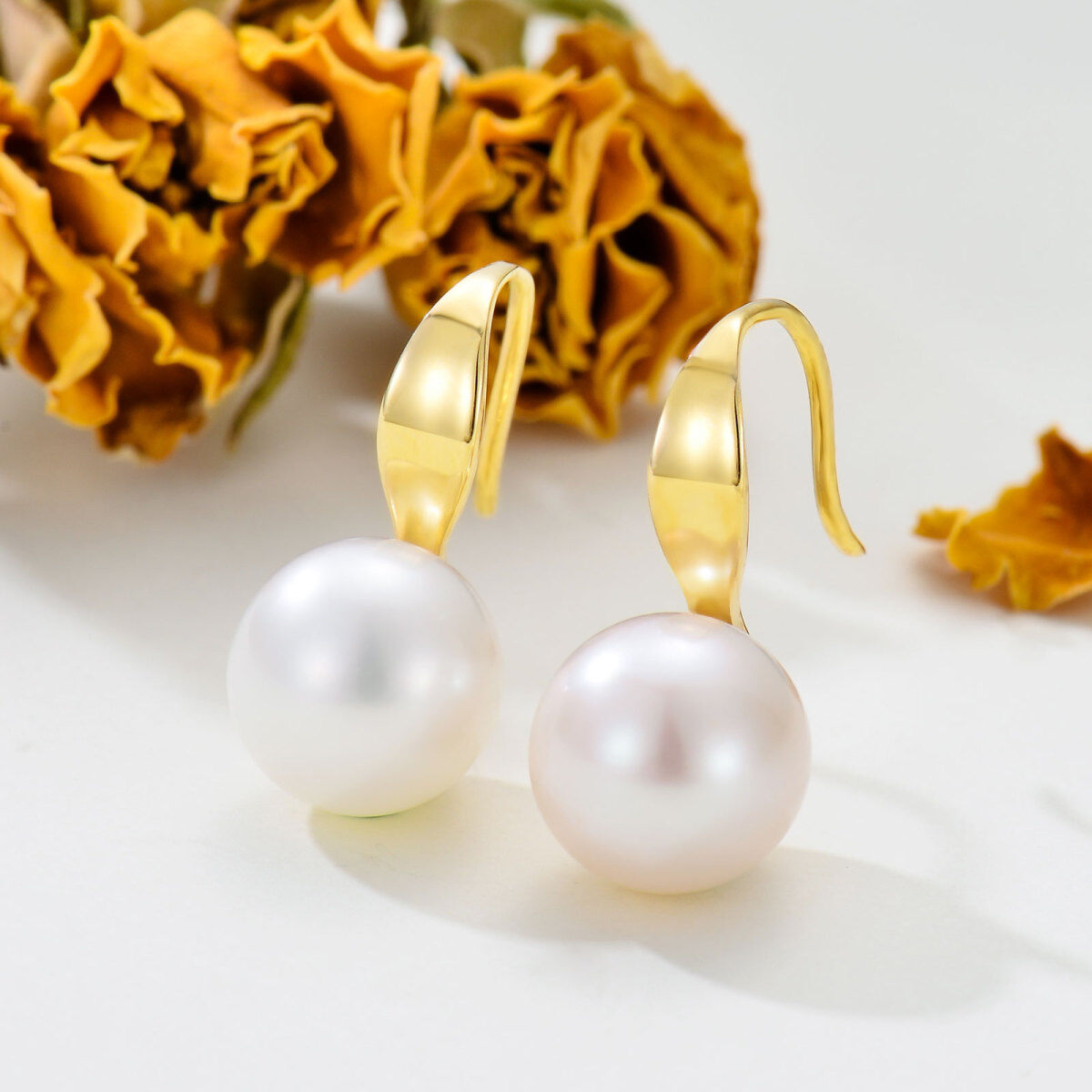 10K Gold Circular Shaped Pearl Round Drop Earrings-3