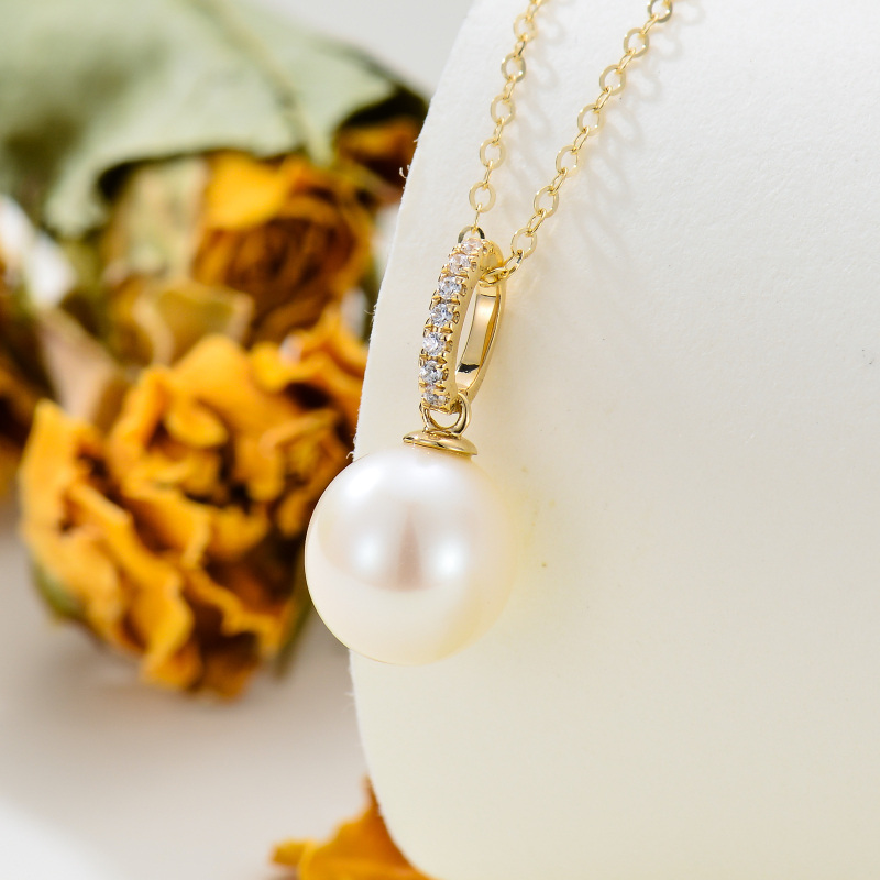 Colar de pérolas de 9 mm em ouro amarelo 10K com pingente circular para mulheres, 16 1 1 polegada-3