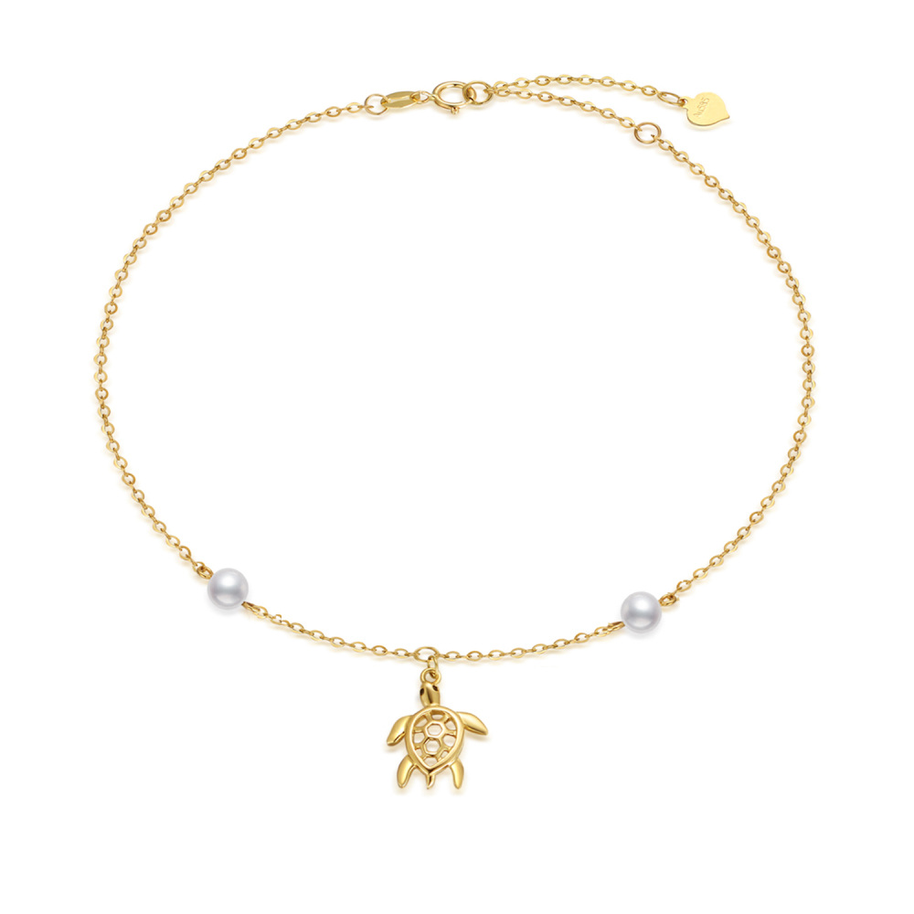 18K Gold Circular Shaped Pearl Sea Turtle Single Layer Anklet-1
