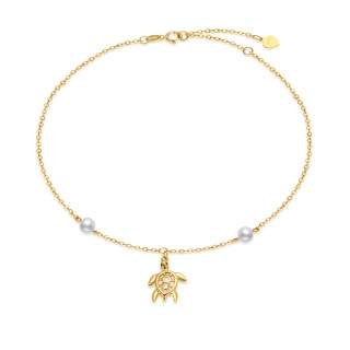 14K Gold Circular Shaped Pearl Sea Turtle Single Layer Anklet-53
