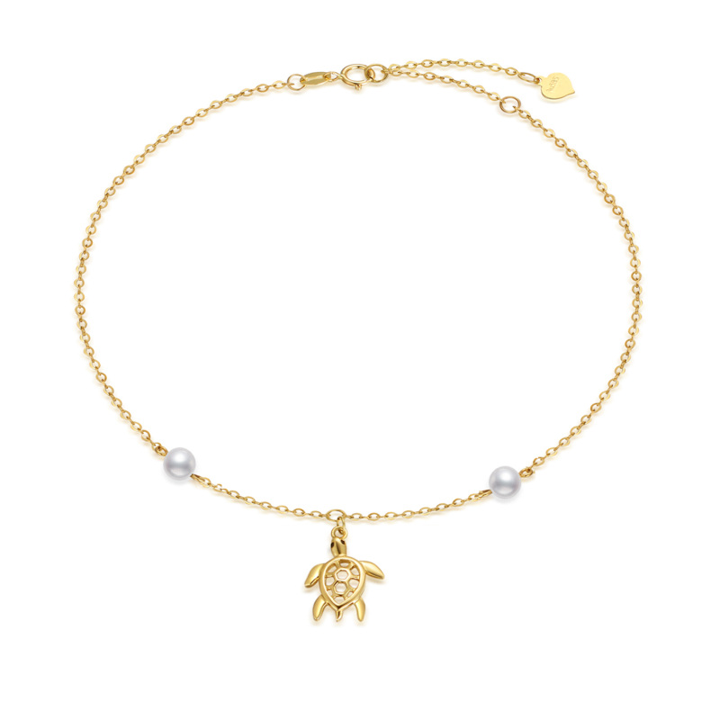 10K Gold Circular Shaped Pearl Sea Turtle Single Layer Anklet-5