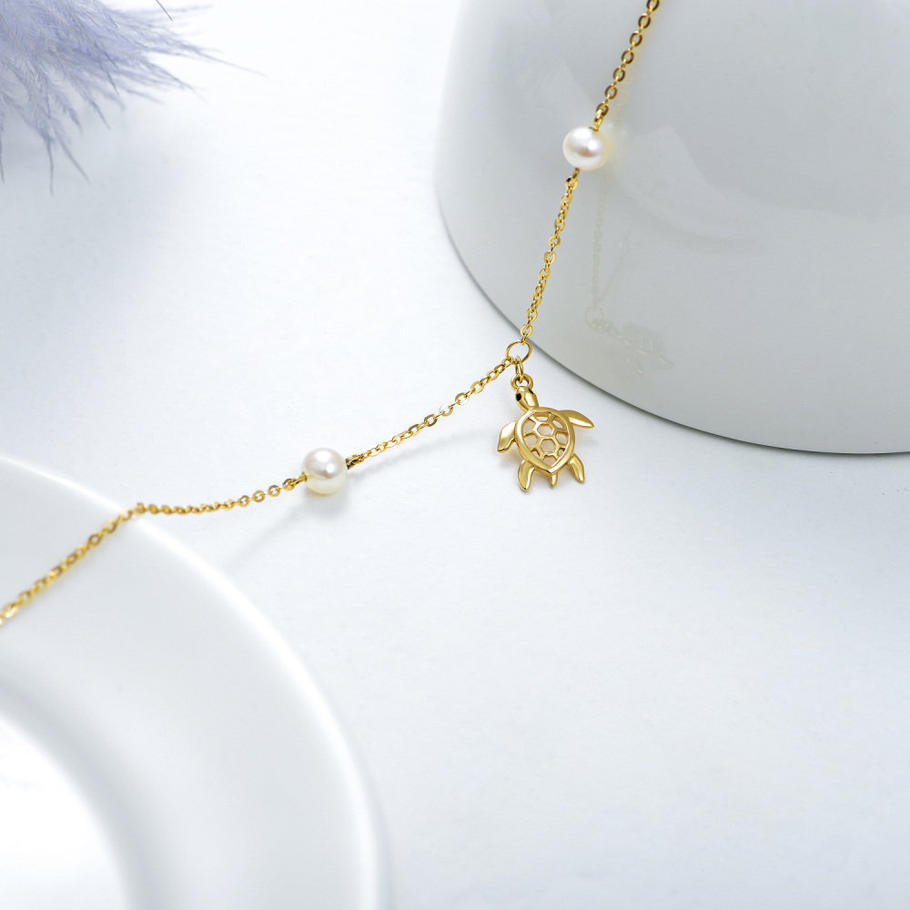 18K Gold Circular Shaped Pearl Sea Turtle Single Layer Anklet-3