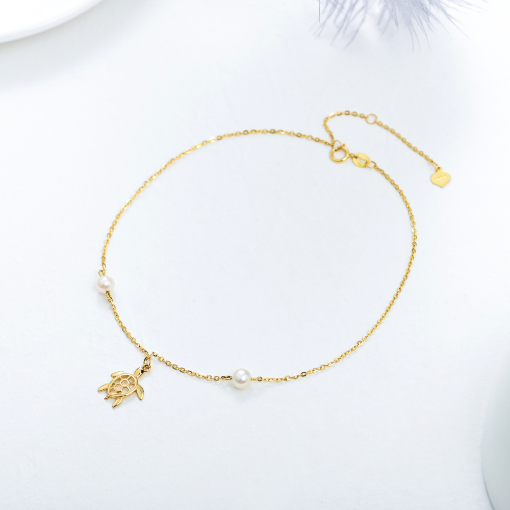 18K Gold Circular Shaped Pearl Sea Turtle Single Layer Anklet-4