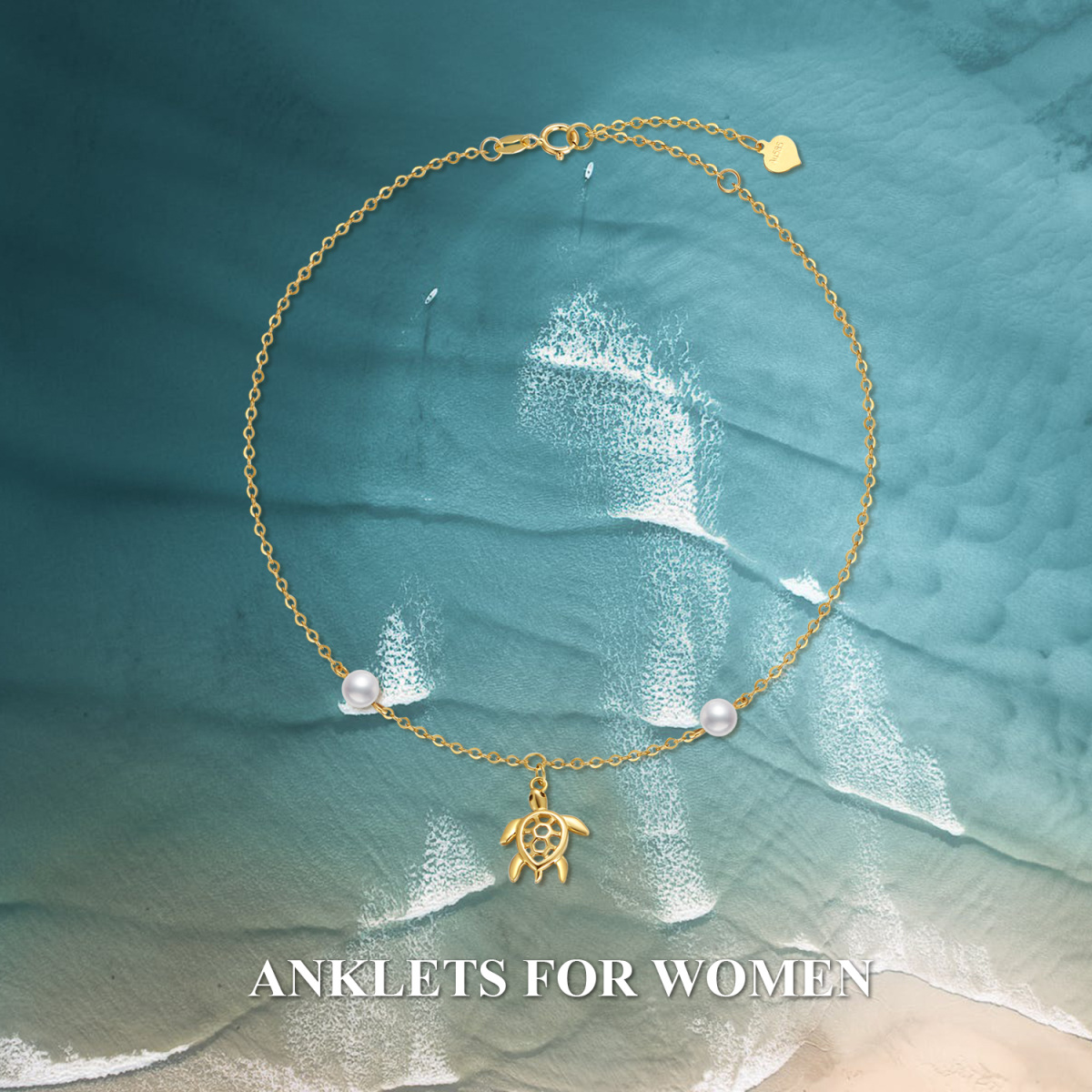 14K Gold Circular Shaped Pearl Sea Turtle Single Layer Anklet-5